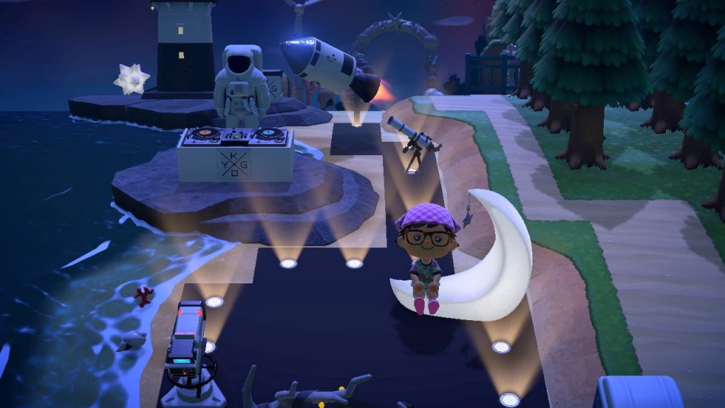 One of the many Animal Crossing island ideas are bright lights at music festivals.